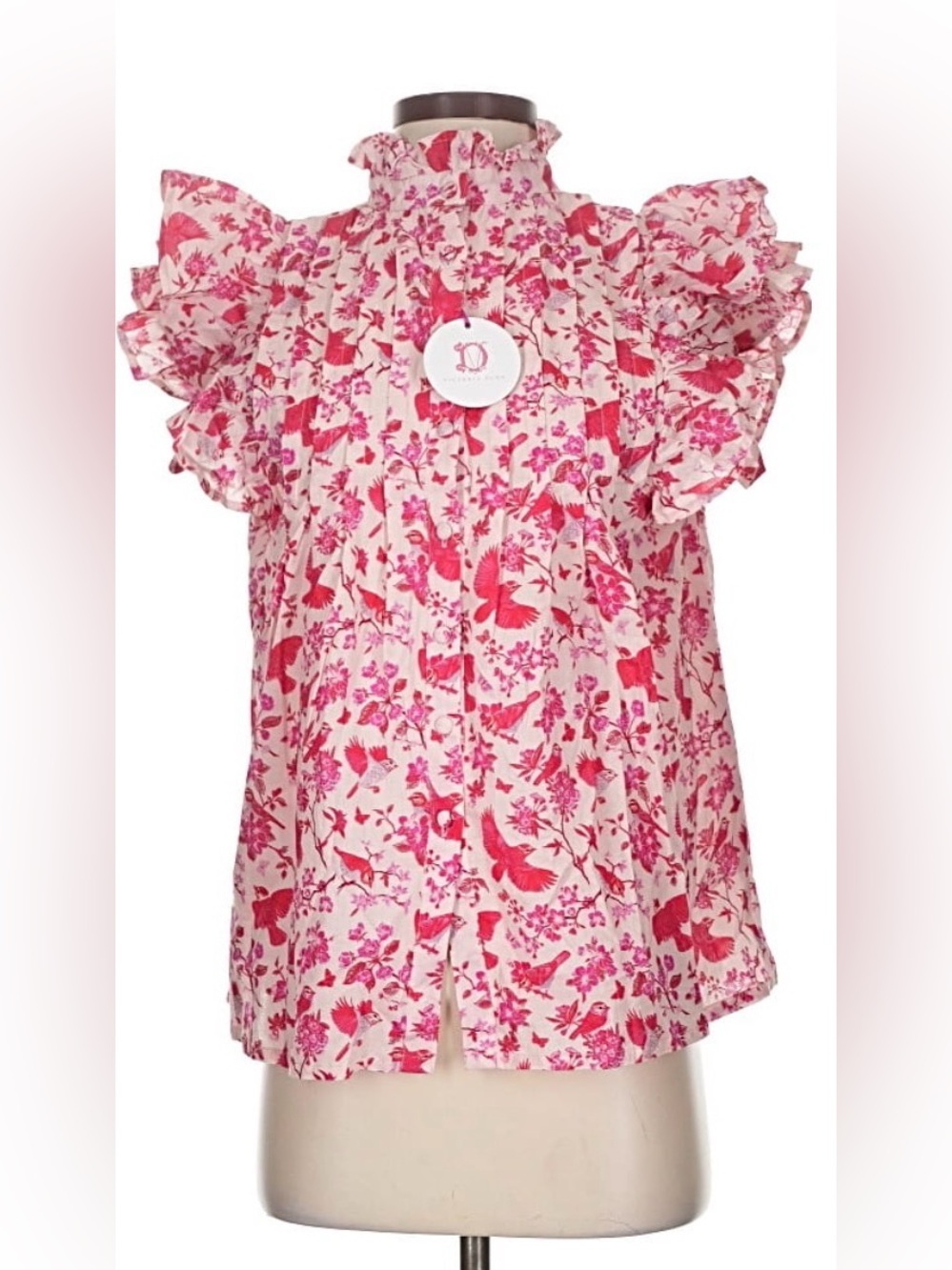 Victoria Dunn Pink Floral Print Ruffle-Sleeve  Top Sz.XS